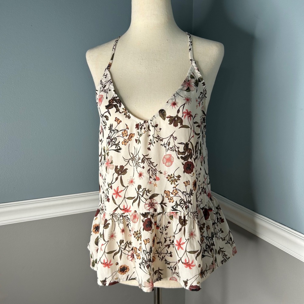 Sage The Label Floral Peplum Camisole Top Cream Racerback V-Neck Medium boho